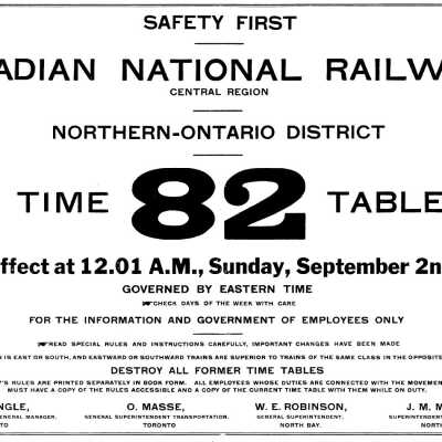Timetable, CNR Northern Ontario 82, September 2nd 1945.