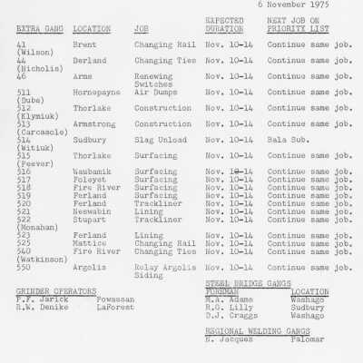 Document, Canadian National Railways, Northern Ontario Area, Capreol Ontario Location Reports, 6 November 1975.