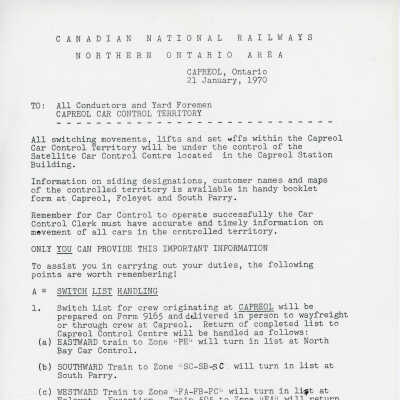 CN Northern Ontario Area ,21 Jan 1970, Bulletin to All conductors and Yard Foreman about CAPREOL CAR CONTROL TERRITORY