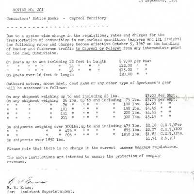 Document, Canadian National Railways, Northern Ontario Area, Change of Rate and Charges for hunter and fishermen traffic to Capreol or Foleyet on the Ruel Subdivision, October 5th 1967.