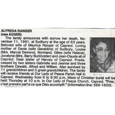 Document, Obituary, Alfreda Ranger.