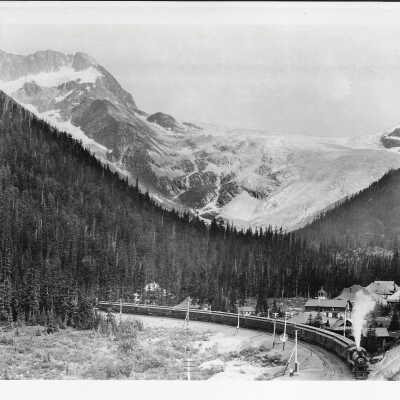 The Canadian Pacific Transcontinental Train Heading West at the Old Station at Glacier, British Columbia