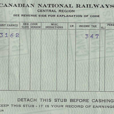 Canadian National Statement of Earnings and Deductions belonging to Frank Mazzuca