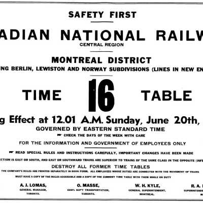 Timetable, CNR Montreal District 16, June 20th 1948.