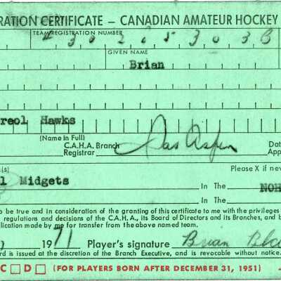 Hockey Player's Registration Certificate belonging to Brian Blanchard