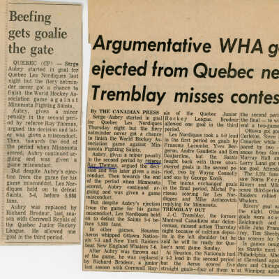 "Beefing gets goalie the gate" in Quebec Newspaper