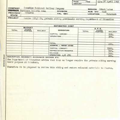 Document, Capital Appropriation 1963, Retire 220.5 Feet of Siding Previously Serving Department of Education at Kukatush, Form CNR 365 A.