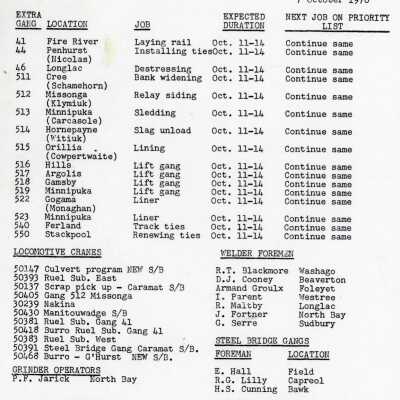 Document, Canadian National Railways, Northern Ontario Area, Capreol Ontario Location Reports, 7 October 1976.
