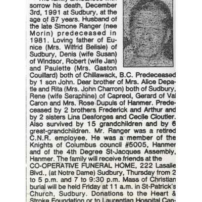 Document, Obituary, David Ranger.