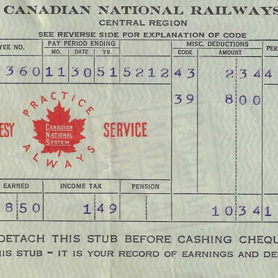 Canadian National Statement of Earnings and Deductions belonging to Frank Mazzuca