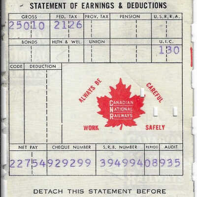 Canadian National Statement of Earnings and Deductions belonging to Frank Mazzuca