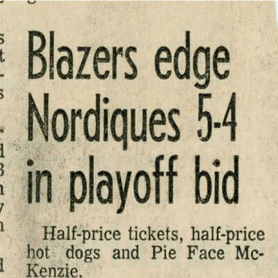 "Blazers edge Nordiques 5-4 in playoff bid" in unknown newspaper