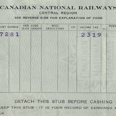 Canadian National Statement of Earnings and Deductions belonging to Frank Mazzuca