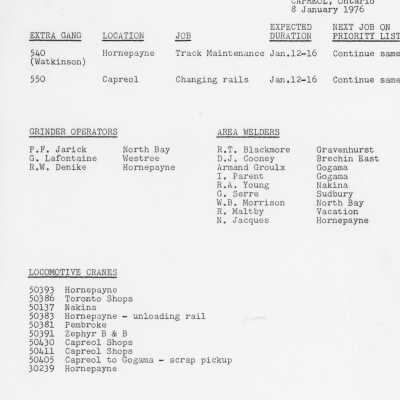 Document, Canadian National Railways, Northern Ontario Area, Capreol Ontario Location Reports, 8 January 1976.