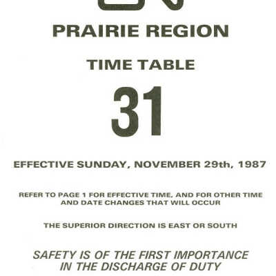 Employee Timetable, CN Rail, Prairie Region 31, November 29th 1987.