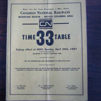 Canadian National Railways Mountain Region / British Columbia Area Time Table No. 33, taking effect April 30th, 1967