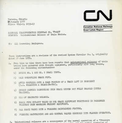 CN Regional Transportation Circular No. 77-107
Subject: Unintentional release of train brakes