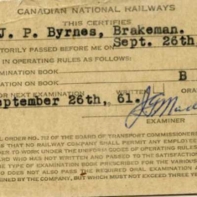 Document, Canadian National Railways Examination Certificate, JP Byrnes, September 26, 1958.