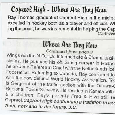 "Capreol High: Where are they now? Ray Thomas" in Capreol Newspaper(?)