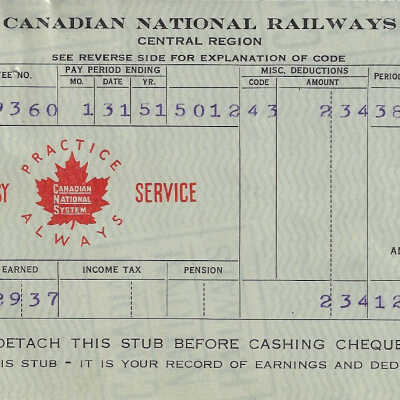 Canadian National Statement of Earnings and Deductions belonging to Frank Mazzuca