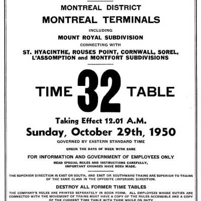 Timetable, CNR Montreal District 32, October 29th, 1950.