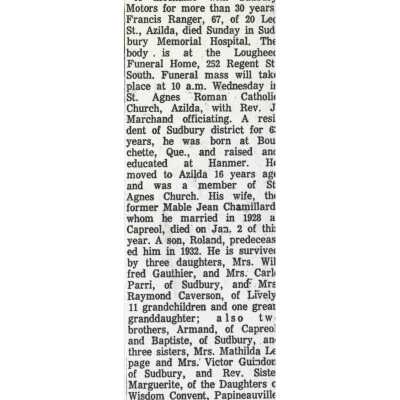 Document, Obituary, Francis Ranger.