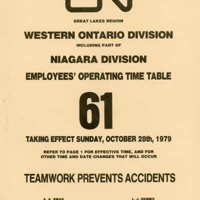 Employee Timetable, CN Rail, Great Lakes Region, Western Ontario Division, Including Part of Niagara Division, Timetable 61, October 26th 1979.
