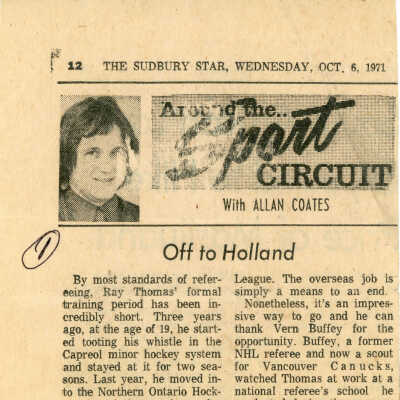 "Off to Holland" in The Sudbury Star, Wednesday, October 6, 1971