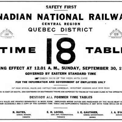 Timetable, CNR Quebec District 18, September 30th 1951.