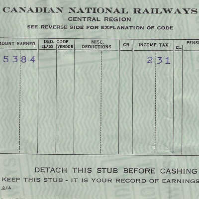 Canadian National Statement of Earnings and Deductions belonging to Frank Mazzuca