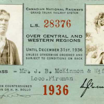 Canadian National Railways Central and Western Regions Pass, J. B. McKinnon and Wife, 15 Years Service, 1936