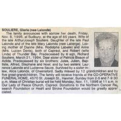 Document, Obituary, Gloria Souliere.