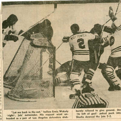 Ray Thomas as referee in Los Angeles Sharks vs. Winnipeg Jets game in Winnipeg Free Press Newspaper, December 1, 1973 (pg 69)