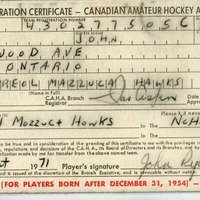 Hockey Player's Registration Certificate belonging to John Ryan