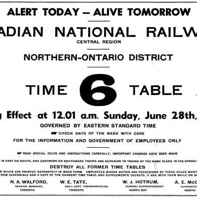 Timetable, CNR Northern-Ontario District 6, June 28th 1953.