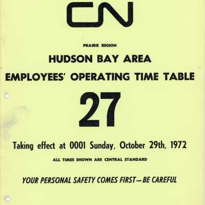 CN Employee Operating Time Table 27 for Prairie Region, Hudson Bay Area, Effective Sunday, October 29th, 1972