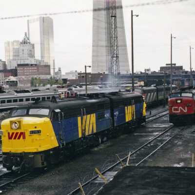 Photograph - VIA Rail locomotive no. 6763 and CN locomotive no. 6789 in a Toronto railroad yard