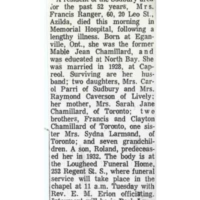 Document, Obituary, Marie Jean Ranger.