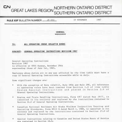 Canadian National Great Lakes Region: Operating Instructions Revision