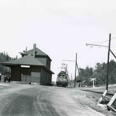 Photograph, INCO Locomotive 106 at Levack Station, from collection of Dave Shaw.