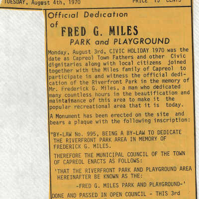 Article, "Official Dedication of Fred G. Miles Park and Playground, 1970