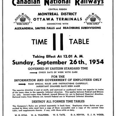 Timetable, CNR Montreal District Ottawa Terminals 11, September 26th 1954.