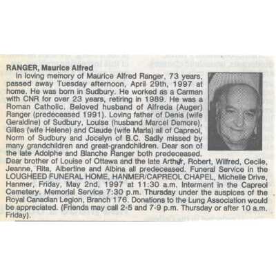 Document, Obituary, Maurice Alfred Ranger.
