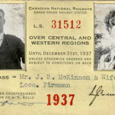 Canadian National Railways Central and Western Regions Pass, J. B. McKinnon and Wife, 15 Years Service, 1937