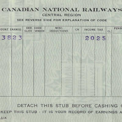 Canadian National Statement of Earnings and Deductions belonging to Frank Mazzuca