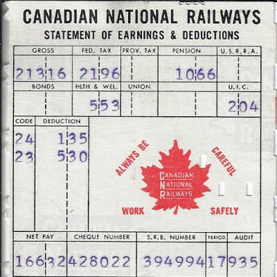 Canadian National Statement of Earnings and Deductions belonging to Frank Mazzuca