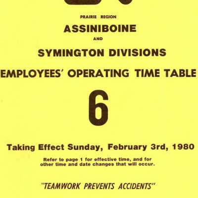 Employee Timetable, CN Rail, Assiniboine and Symington 6, February 3rd 1980.