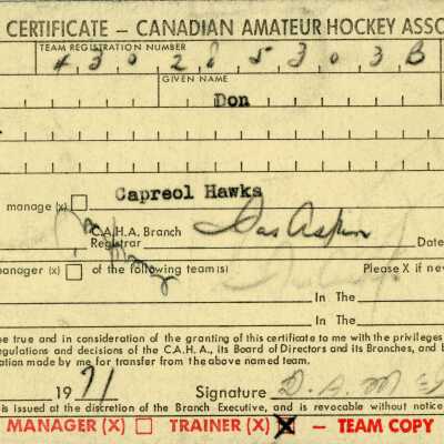 Hockey Player's Registration Certificate belonging to Don McGowan