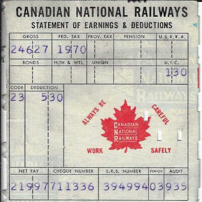 Canadian National Statement of Earnings and Deductions belonging to Frank Mazzuca