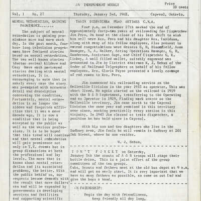 The Capreol and Valley Times: Vol 1 (27) January 3rd, 1963